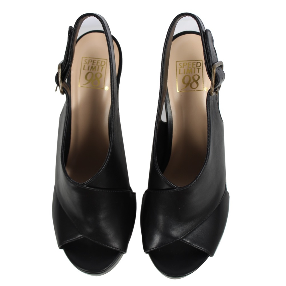 Black Peep Toe Sling Back Wooden Block Heel - Picture 4 of 5